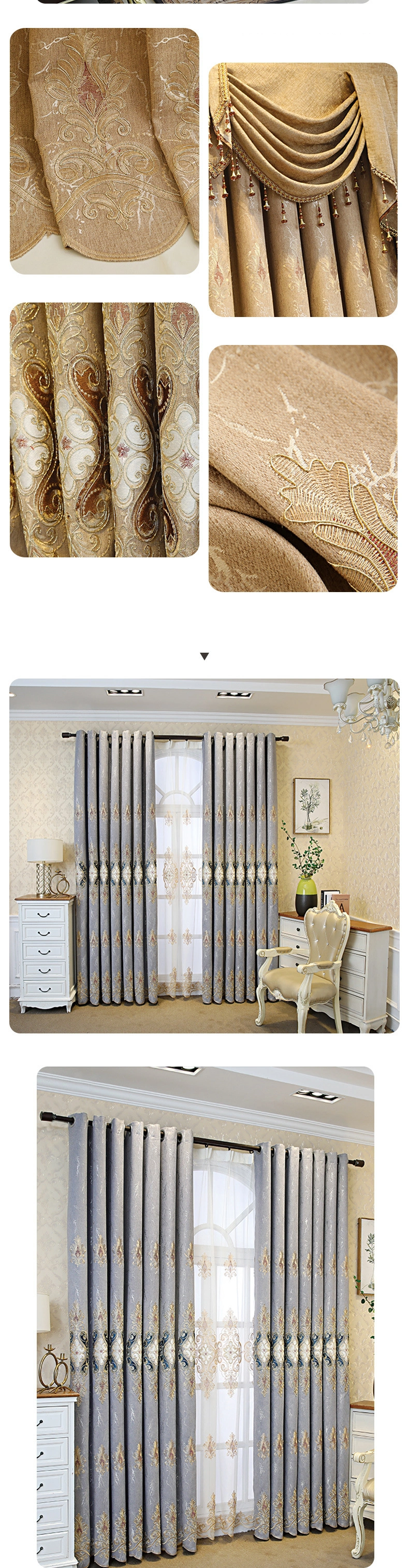 European Embroidered Chenille Curtain Nordic Villa Living Room Bedroom Blackout Curtain Fabric Finished